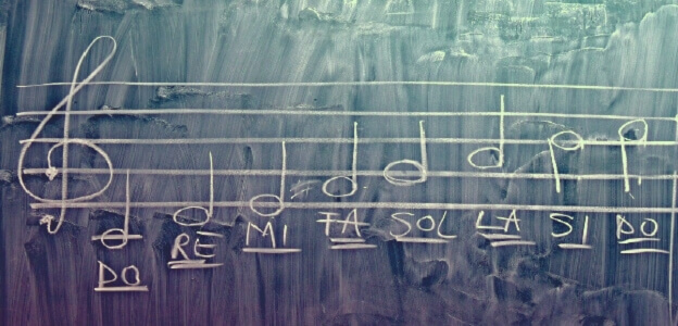 ソルフェージュの音名と音符が黒板に書かれたレッスン風景